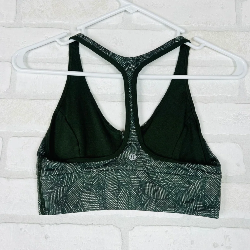 Lululemon Front Zip Racerback Sports Bra Green Geometric Palm Leaf Print Size 4